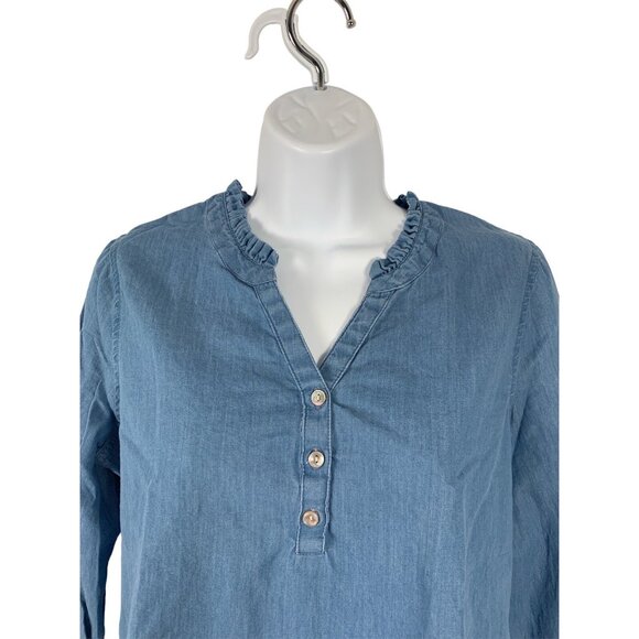 Croft & Barrow Chambray Ruffle V-Neck Top 3/4 Sleeve Denim Blouse Womens Size PS - Picture 2 of 10